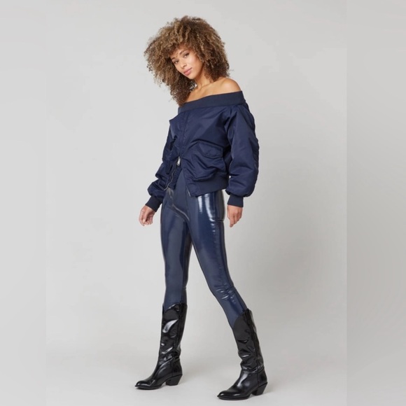 SPANX Pants - SPANX Faux Patent Leather Leggings Navy Blue Liquid Gloss Pants Classic Sz. 1X